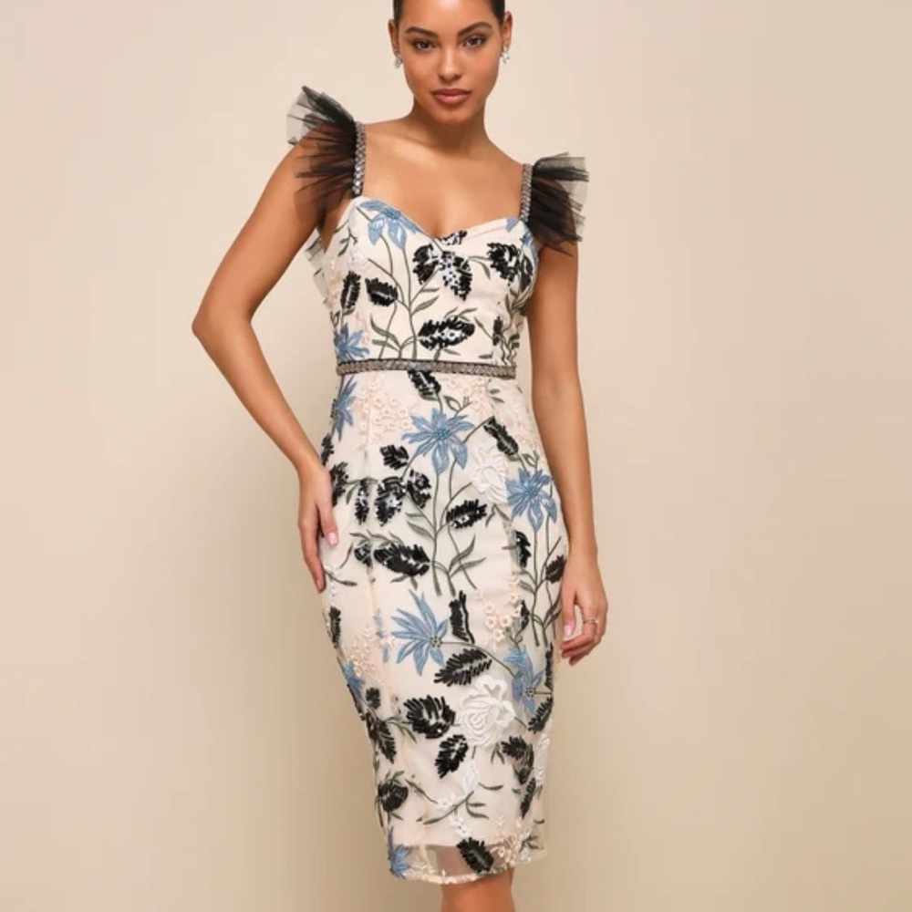 Lulus | Show Stopper Cream Embroidered Sequin Bodycon Midi Dress